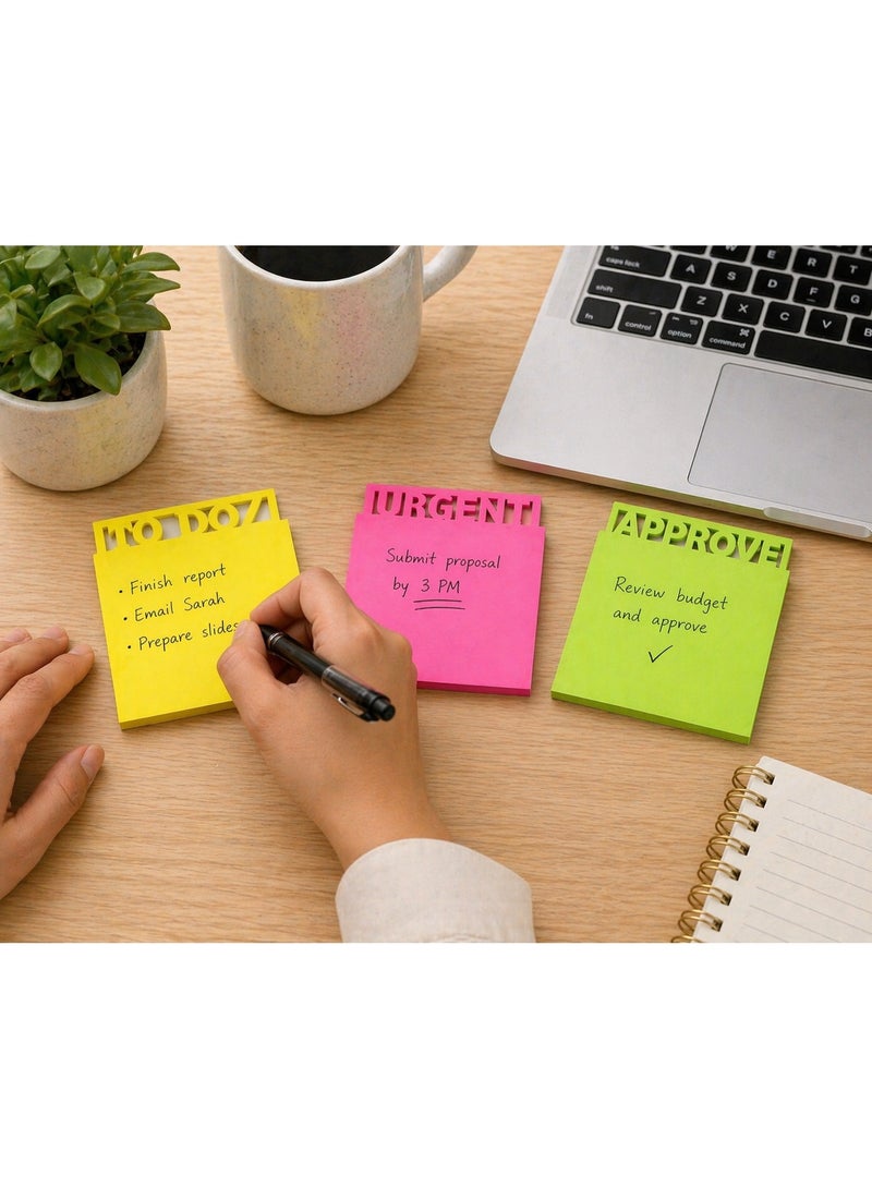 Adhesive Die Cut Sticky Notes Memo Set, (To Doz, Urgent, Approve. Neon Colours, 7.5 x 7.5 cm, 3 Packs of 50 Sheets. Die-Cut Sticky Notes Set (3 Pack, 150 Sheets) Memo Pads for Office, Work, School - Image 5