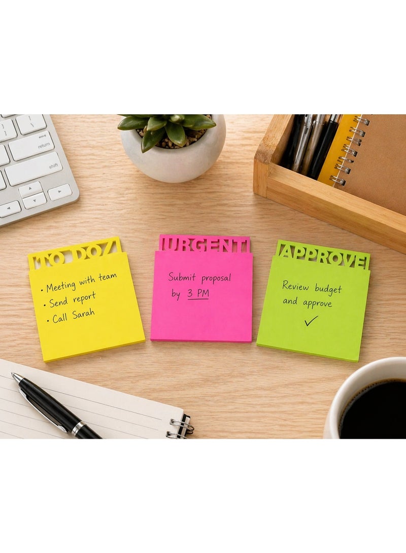Adhesive Die Cut Sticky Notes Memo Set, (To Doz, Urgent, Approve. Neon Colours, 7.5 x 7.5 cm, 3 Packs of 50 Sheets. Die-Cut Sticky Notes Set (3 Pack, 150 Sheets) Memo Pads for Office, Work, School - Image 3