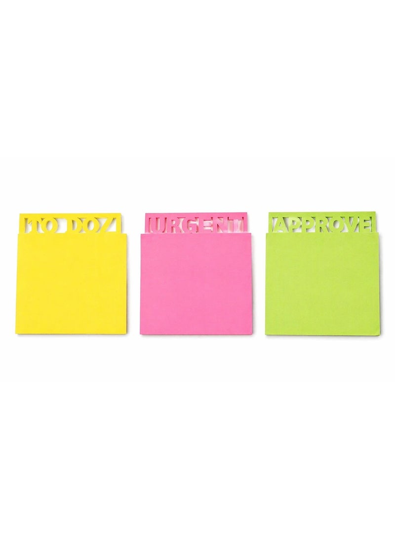 Adhesive Die Cut Sticky Notes Memo Set, (To Doz, Urgent, Approve. Neon Colours, 7.5 x 7.5 cm, 3 Packs of 50 Sheets. Die-Cut Sticky Notes Set (3 Pack, 150 Sheets) Memo Pads for Office, Work, School - Image 4
