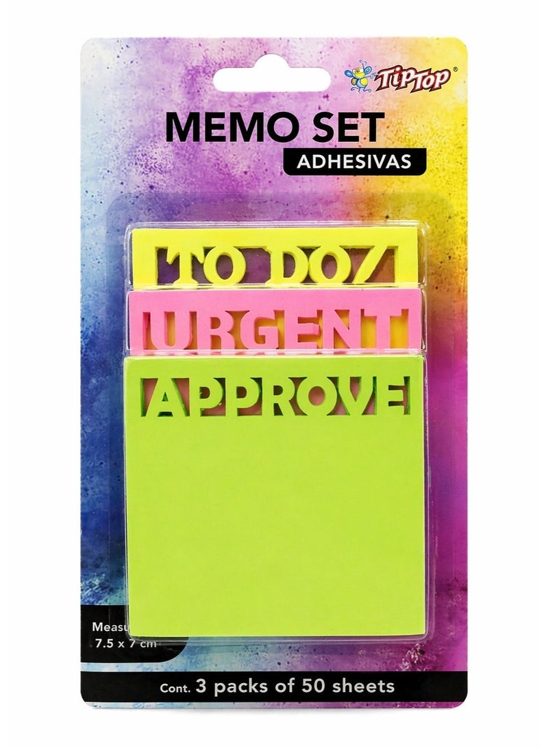 Adhesive Die Cut Sticky Notes Memo Set, (To Doz, Urgent, Approve. Neon Colours, 7.5 x 7.5 cm, 3 Packs of 50 Sheets. Die-Cut Sticky Notes Set (3 Pack, 150 Sheets) Memo Pads for Office, Work, School - Image 2