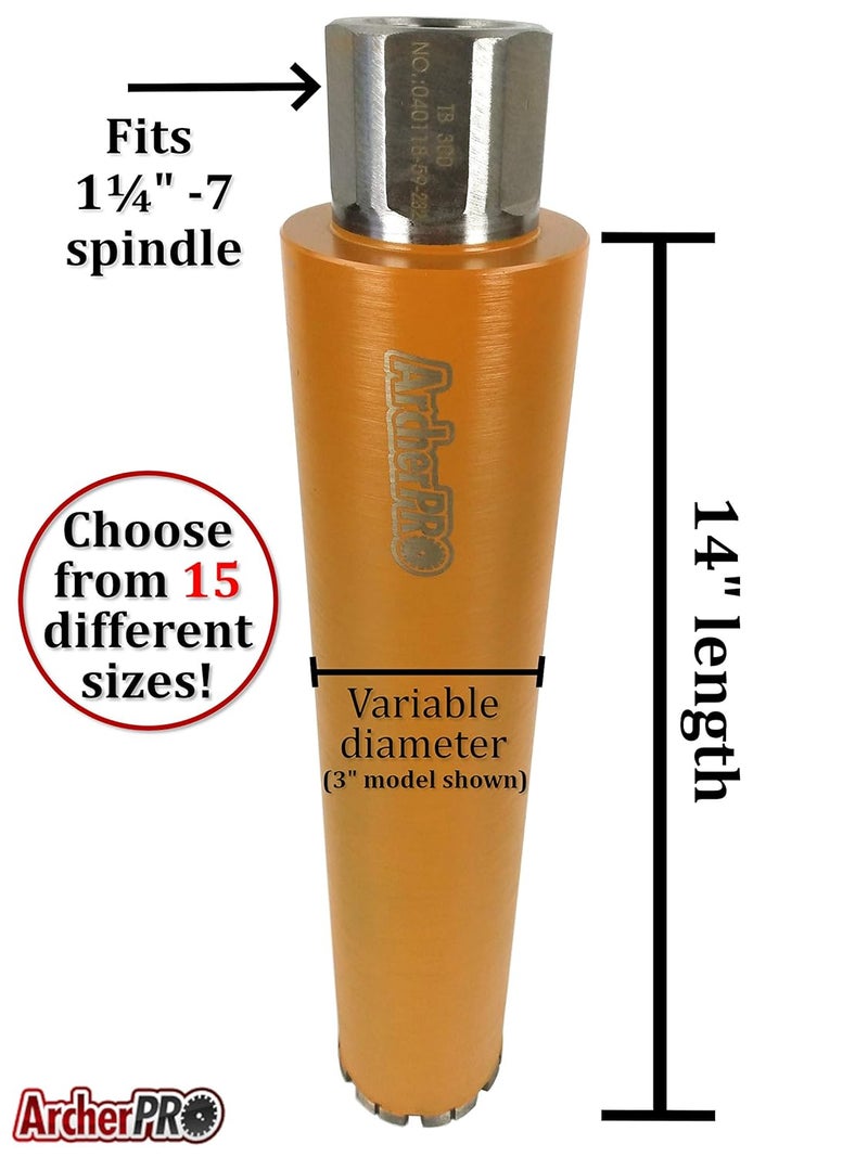 ArcherPro Archer PRO 3-1/2” in. Diamond Turbo Core Drill Bit/Hole Saw for Concrete Drilling and Masonry. 14” Drill Depth, 1-1/4” in. -7 Arbor for Core Drill Stand Rig, Dry and Wet Use - Image 3