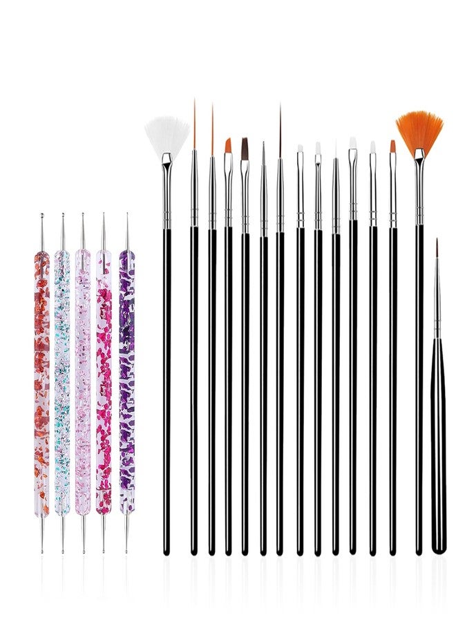 FULINJOY 20PCS Nail Art Design Tools - 15PCS Nail Art Painting Brushes (Black) with 5PCS Double-end Nail Dotting Pens - Image 1