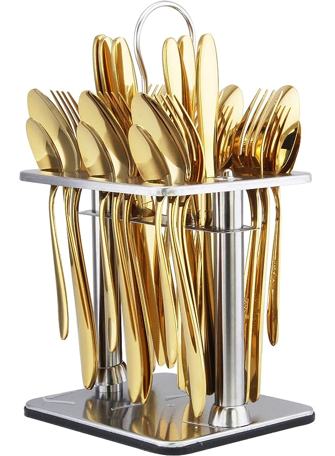 Berger 24 piece silverware flatware cutlery set with square stand, stainless steel includes 6 knife, 6 fork, 6 tea spoon, 6 dinner spoon, mirror polished, dishwasher safe - Image 1