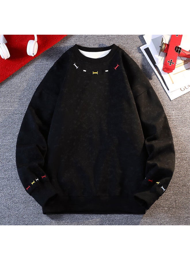 Dingfengbaoluo Lazy Style Crew Neck Embroidered Loose Casual Couple Long Sleeve Sweatshirt Bw36 Black 4XL - Image 2