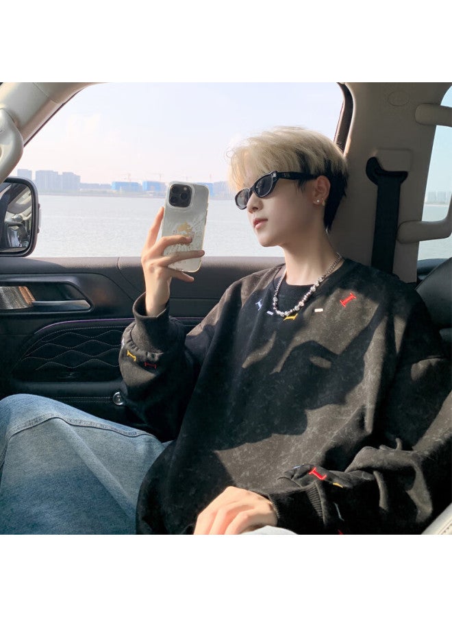 Dingfengbaoluo Lazy Style Crew Neck Embroidered Loose Casual Couple Long Sleeve Sweatshirt Bw36 Black 4XL - Image 1