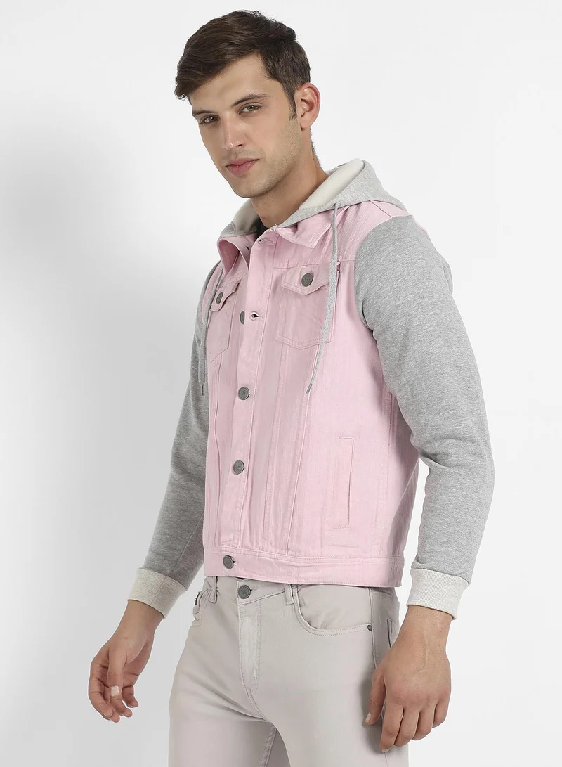 Campus Sutra Men's Pink & Grey Medium-Wash Denim Jacket With Sweatshirt Sleeve