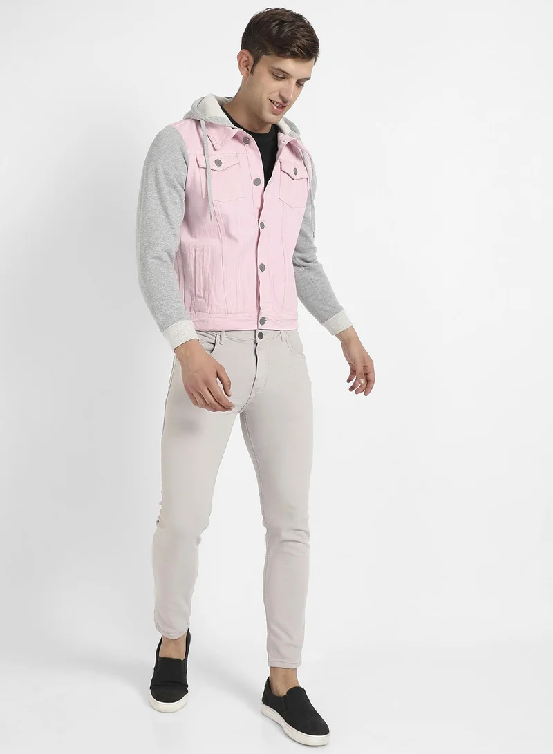 Campus Sutra Men's Pink & Grey Medium-Wash Denim Jacket With Sweatshirt Sleeve