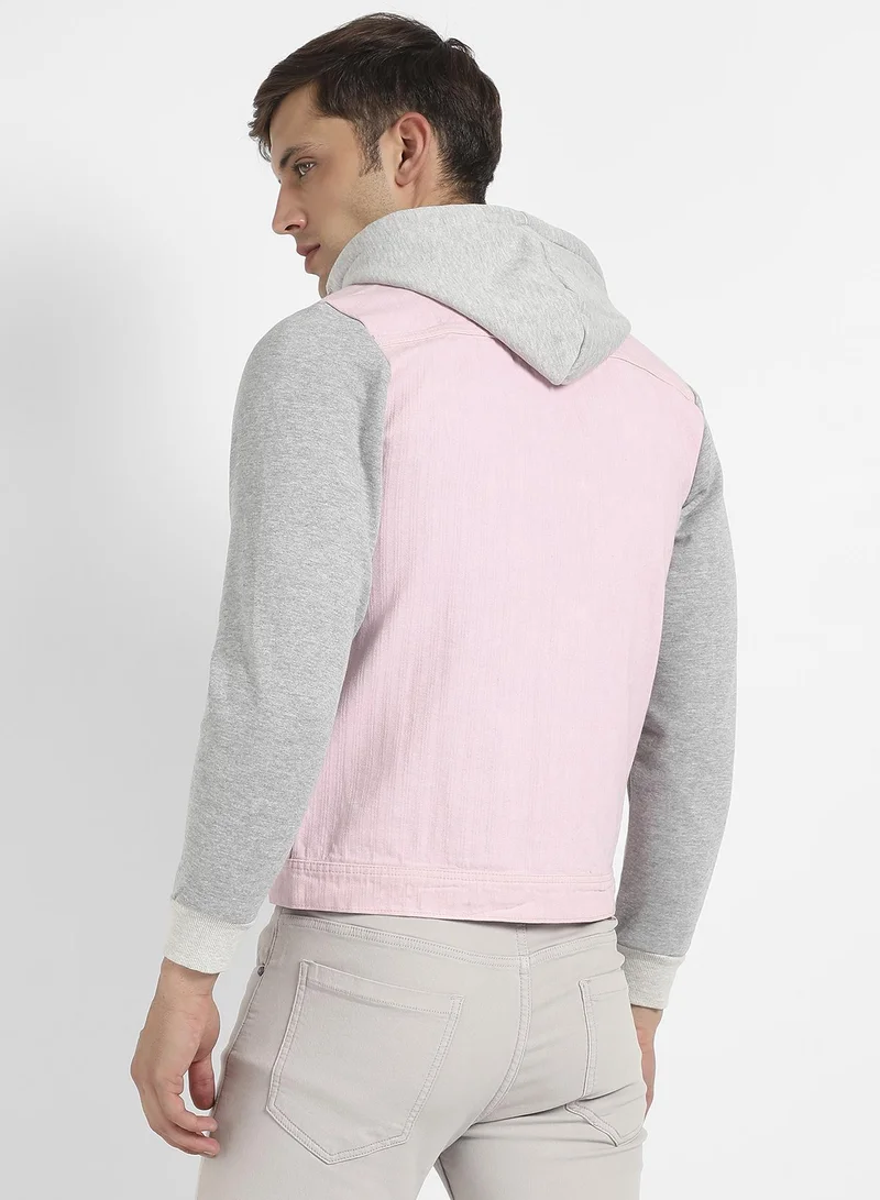 Campus Sutra Men's Pink & Grey Medium-Wash Denim Jacket With Sweatshirt Sleeve