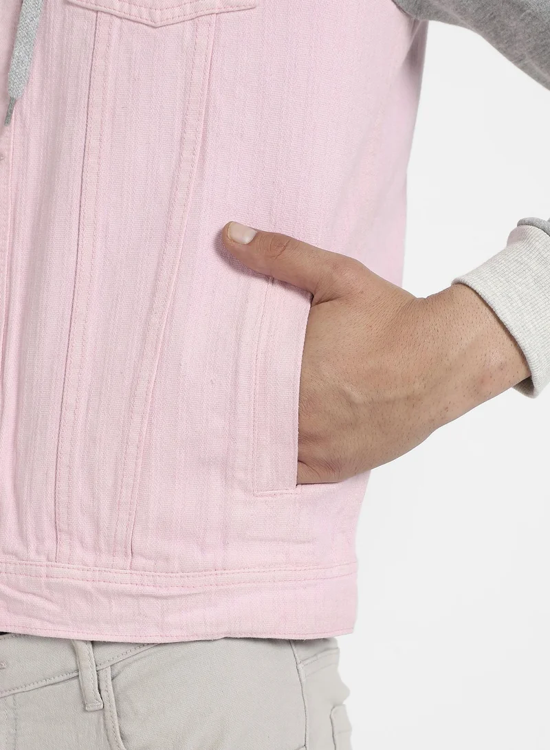 Campus Sutra Men's Pink & Grey Medium-Wash Denim Jacket With Sweatshirt Sleeve