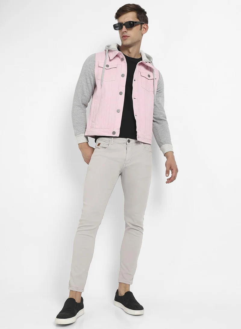 Campus Sutra Men's Pink & Grey Medium-Wash Denim Jacket With Sweatshirt Sleeve