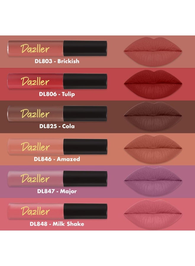 Dazller Lip Colour Lipstick Combo Pack of 6|Vibrant Matte Liquid Lipstick for Women|Long Stay|Smudge-Proof|Non-Transfer|Spicy Nudes|21.6g - Image 2