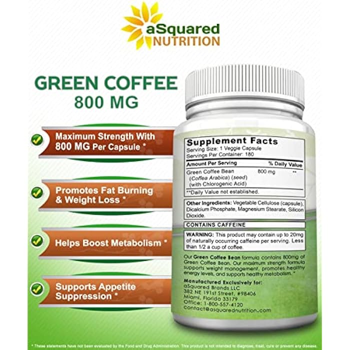 aSquared Nutrition Natural Green Coffee Bean Formula-180 Capsules-Max Strength GCA Antioxidant Cleanse for Pure Weight Loss, 800mg per Pill-Chlorogenic Acid-1600mg Daily Supplement, Healthy Fat Burner - Image 5