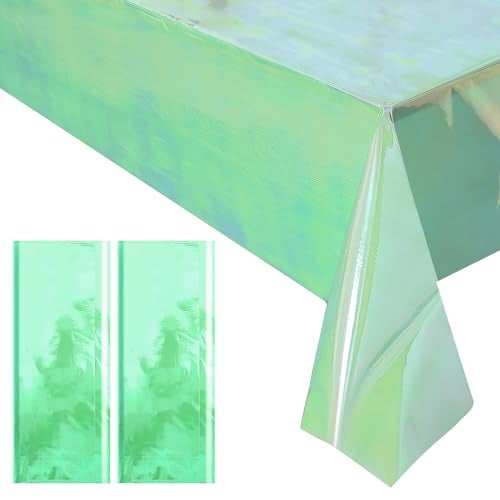 Just Shimmer 2 Pieces Green Iridescence Tablecloth - 40 x 108“ Disposable Shiny Laser Table Cloth - Glitter Plastic Tablecloths - Holographic Iridescent Table Cover for Party Decoration, Wedding and Banquet - Image 1