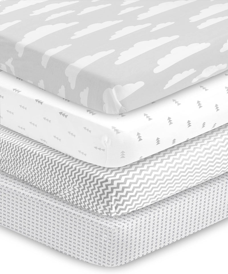BaeBae Goods Premium Crib Sheets for Baby Boys and Girls 4 Pack Soft and Breathable Jersey Knit Fitted Sheet Set Grey and White Cute Gender Neutral Nursery Mattress Bedding Universal Fit