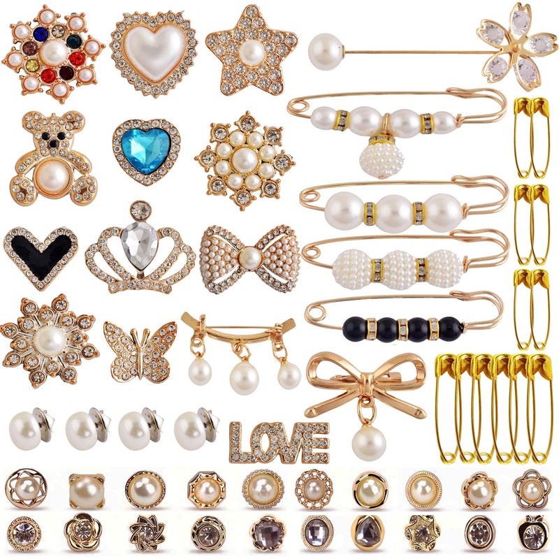 Charms for Socks Safety Pin Brooch55pcs Junk Sock Charms Pins Gold Bling Sock Jewelry CharmsBrooch Pins for SocksPearl Rhinestone Brooch Pins Costom Shoe Sock Charms Kit Bulk for Hat Clothes