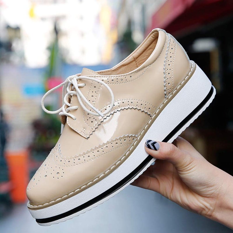 DADAWEN Women's Platform Lace-Up Wingtips Square Toe Oxfords Shoe Apricot US Size 7.5/Asia Size 39/24.5cm - Image 5