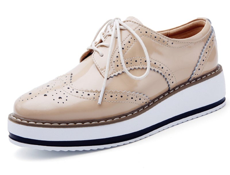 DADAWEN Women's Platform Lace-Up Wingtips Square Toe Oxfords Shoe Apricot US Size 7.5/Asia Size 39/24.5cm - Image 1
