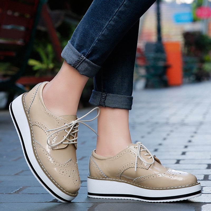 DADAWEN Women's Platform Lace-Up Wingtips Square Toe Oxfords Shoe Apricot US Size 7.5/Asia Size 39/24.5cm - Image 4