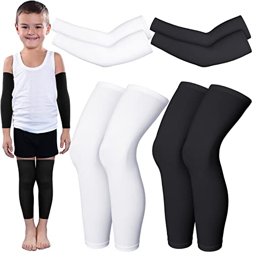 Charniol 4 Pairs Kids Arm Sleeves for Basketball Kids Long Compression Leg Sleeves and Arm Sleeves Youth Basketball Leg SleevesBlack and WhiteLarge - Image 2