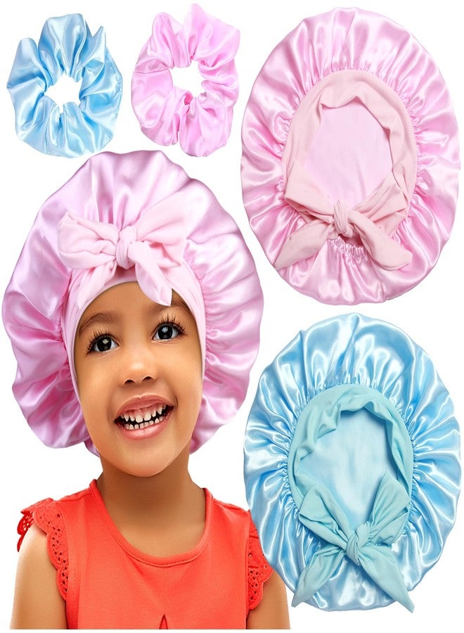 Heniho 2+2 Satin Bonnets with Scrunchies for Kids, Cute Hair Bonnets for Girls Sleeping Curly Hair, C - Image 1