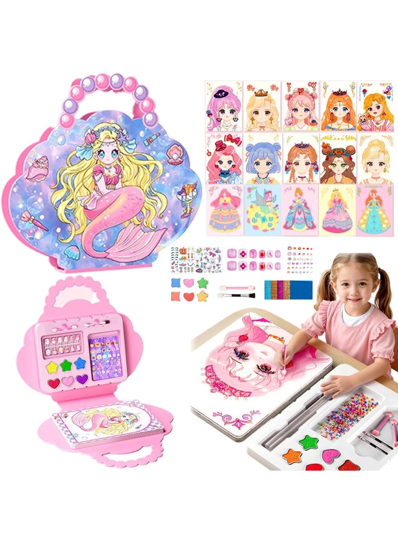 YSR Mermaid Princess Manicure & Makeup 4-in-1 Dress-Up Play Set with Stickers & Diamond Painting, Creative Handmade DIY Toys, Ideal Birthday Gift for Girls & Kids, Children Drawing Supplies & Arts and Crafts Kit - Image 1