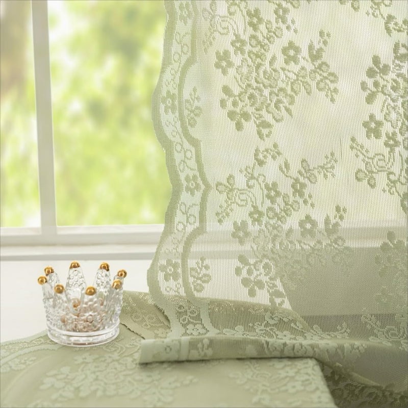 YJ YANJUN Sage Lace Green Curtains 63 Inch Length for Bedroom 2 Panels Elegant Flowered Light Filtering Semi Sheer Embroiderd Drapes for Living Room Dining Room Easter Decor 1 Pair Set W52 X L63 Light Green - Image 3