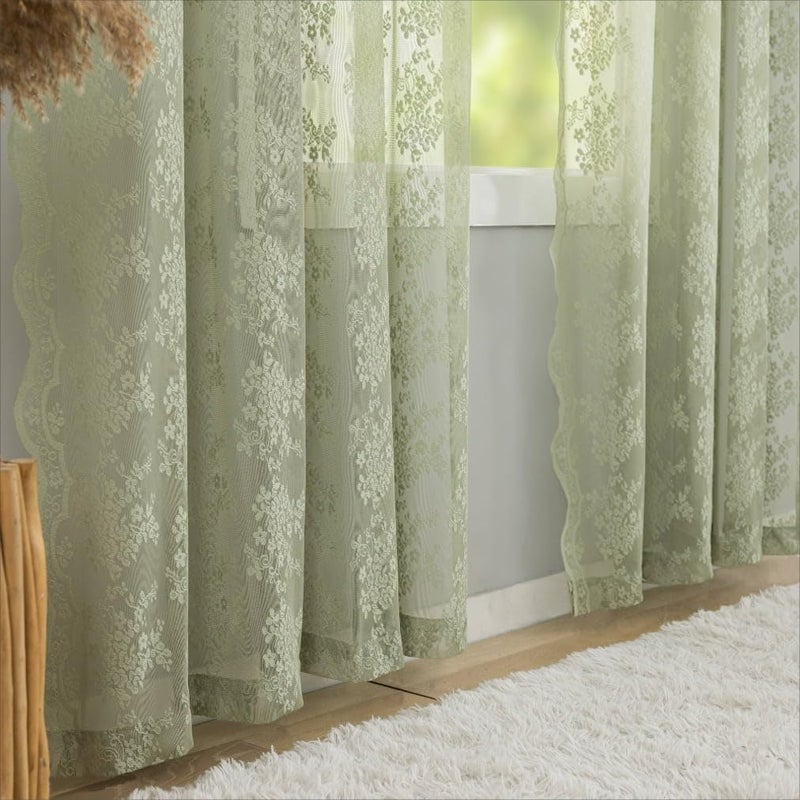 YJ YANJUN Sage Lace Green Curtains 63 Inch Length for Bedroom 2 Panels Elegant Flowered Light Filtering Semi Sheer Embroiderd Drapes for Living Room Dining Room Easter Decor 1 Pair Set W52 X L63 Light Green - Image 5
