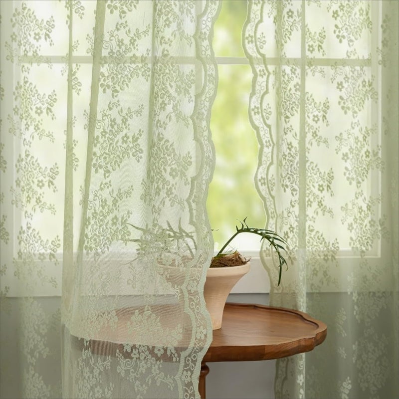 YJ YANJUN Sage Lace Green Curtains 63 Inch Length for Bedroom 2 Panels Elegant Flowered Light Filtering Semi Sheer Embroiderd Drapes for Living Room Dining Room Easter Decor 1 Pair Set W52 X L63 Light Green - Image 2
