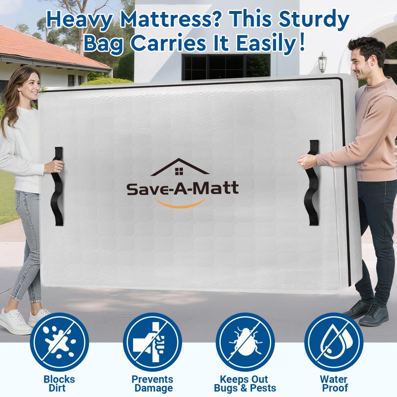 SaveAMatt Mattress Bags for Moving -Extra Thick Queen Mattress Storage Bag, 8 Strong Handles & Reinforced Stitching, Waterproof Reusable Clear Mattress Cover Protector (82â€™â€™x63â€™â€™x15â€™â€™ Queen Size) - Image 5