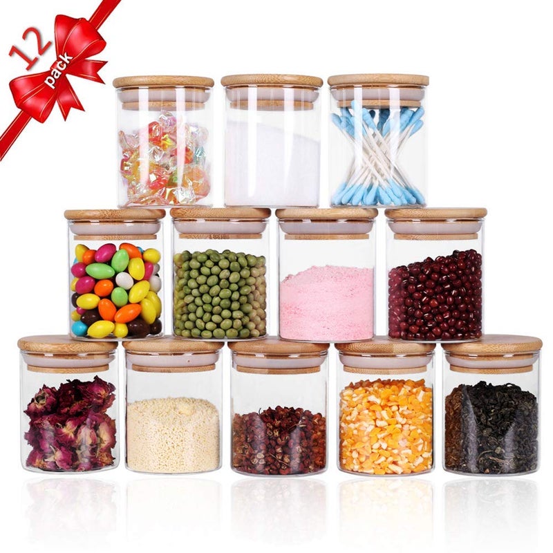 TIENER Spice Jars with Airtight Bamboo Lid | 220ml Glass Spice Bottles, Seasoning Containers for Salt, Sugar, Coffee Beans | Set of 12 Round Jars with Wooden Lids | with spice masala lables sticker - Image 2