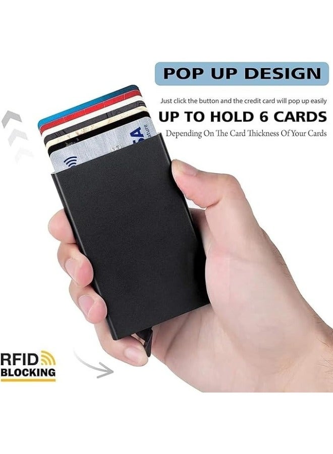محفظة حامل بطاقات الائتمان مع حماية RFID، بنقرة واحدة تنزلق من 6 إلى 8 بطاقات - أسود