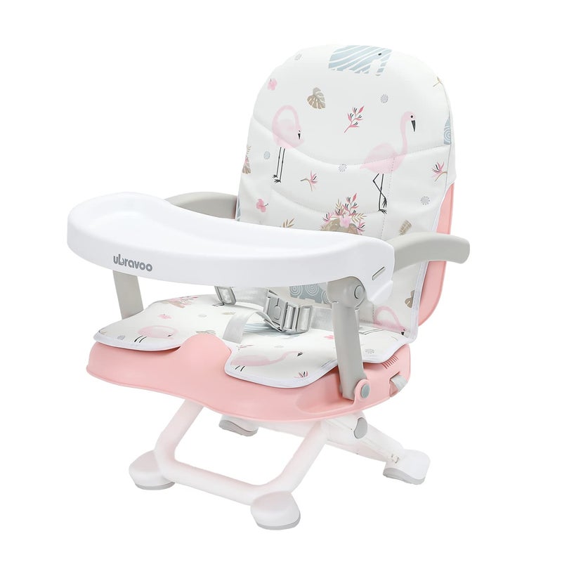 UBRAVOO 2in1 Portable Toddler Booster Seat, Grow with Baby Booster Seat for Dining Table with Removable Tray & Seat Pad, high chair for travel, ACE1013 Pink Flamingos - Image 1