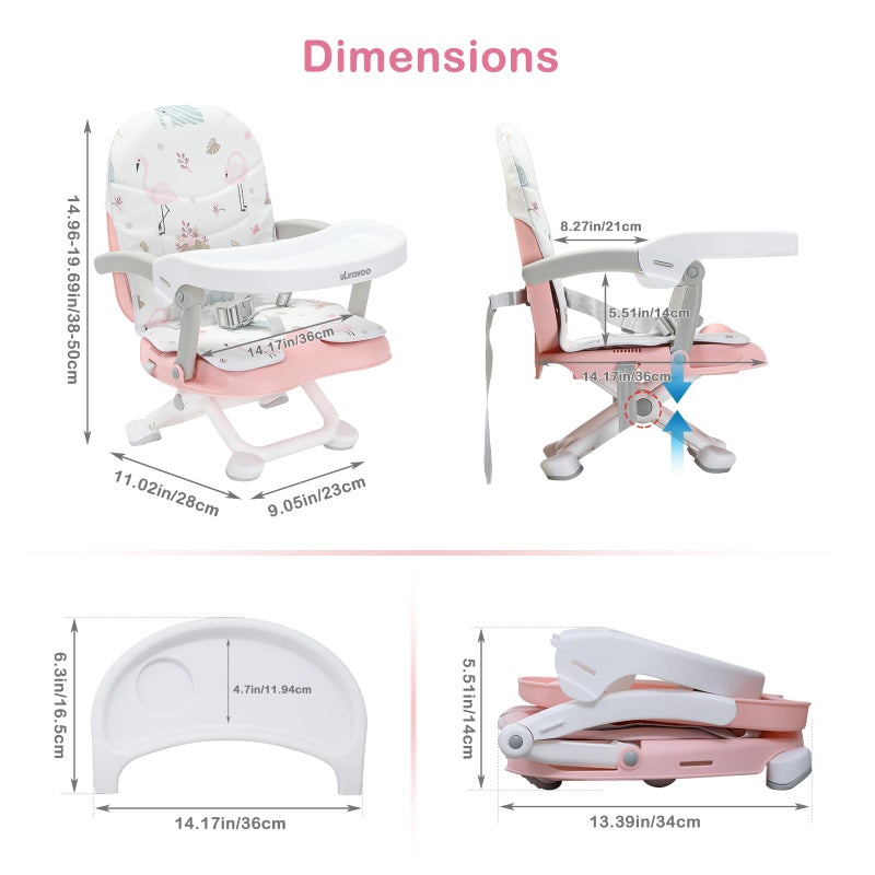 UBRAVOO 2in1 Portable Toddler Booster Seat, Grow with Baby Booster Seat for Dining Table with Removable Tray & Seat Pad, high chair for travel, ACE1013 Pink Flamingos - Image 2