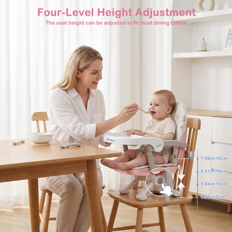 UBRAVOO 2in1 Portable Toddler Booster Seat, Grow with Baby Booster Seat for Dining Table with Removable Tray & Seat Pad, high chair for travel, ACE1013 Pink Flamingos - Image 4