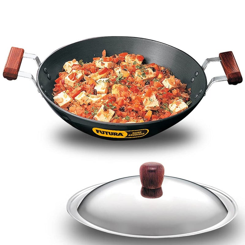 Hawkins Futura 25 Litre Deep Fry Pan Hard Anodised Kadai with Stainless Steel Lid Flat Bottom Kadhai Black AD25S