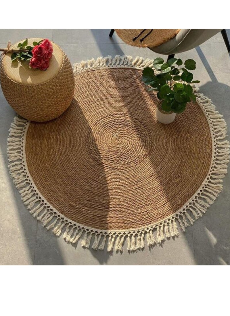 LINGWEI Round Handwoven Jute Braided Area Rug - Rustic Vintage Beige Reversible Carpet, Boho Farmhouse Charm for Living Room, Bedroom, Kitchen - Natural Jute Decor"  - Image 1