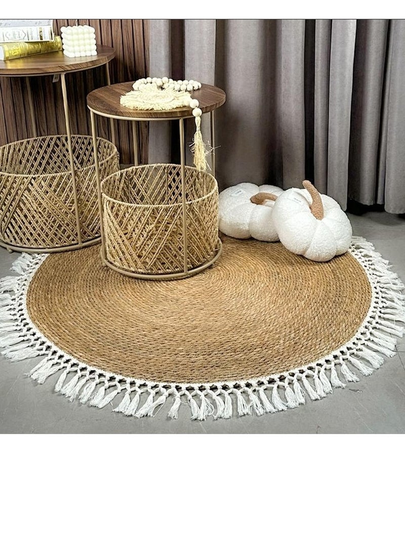 LINGWEI Round Handwoven Jute Braided Area Rug - Rustic Vintage Beige Reversible Carpet, Boho Farmhouse Charm for Living Room, Bedroom, Kitchen - Natural Jute Decor"  - Image 2
