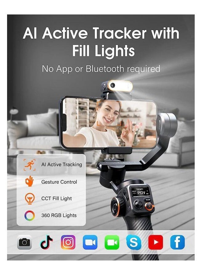 hohem - Hohm iStick Gimbal Smartphone Stabilizer Kit M6, 3 Axis with Magnetic Fill Light/AI Tracking Sensor for iPhone and Android with 0.9 Inch OLED Screen, Max Load 400 G, Upgraded 2023 - Image 1
