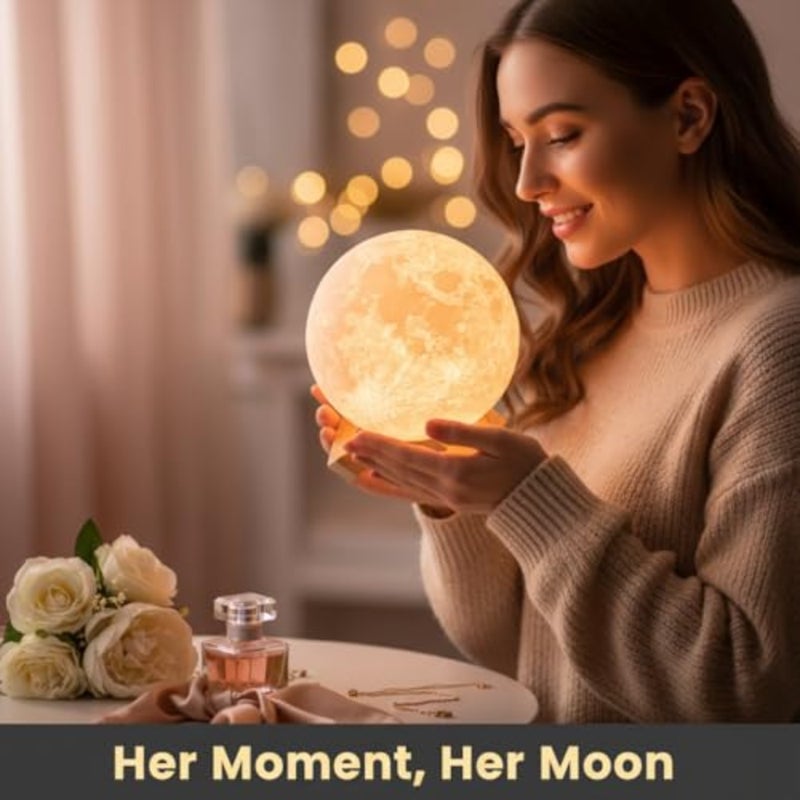 Moon Light With Wood Base - Moon Lamp Moon Light Night Light for Gift for Women USB Charging and Touch Control Brightness Two Tone Warm and Cool White Lunar Lamp 15cm - Image 2