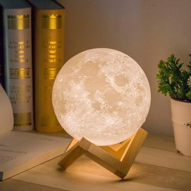 Moon Light With Wood Base - Moon Lamp Moon Light Night Light for Gift for Women USB Charging and Touch Control Brightness Two Tone Warm and Cool White Lunar Lamp 15cm - Image 1