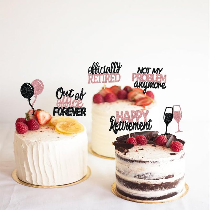 Moitkptt 24 Pcs Happy Retirement Cupcake Toppers Officially Retired Cupcake Picks, Out Of Office Forever Retirement Theme Cake Toppers Decorations for Farewell Party Cakes (Black&Rose Gold) - Image 4