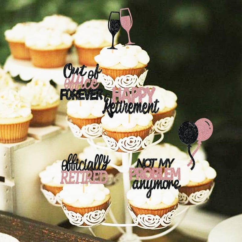 Moitkptt 24 Pcs Happy Retirement Cupcake Toppers Officially Retired Cupcake Picks, Out Of Office Forever Retirement Theme Cake Toppers Decorations for Farewell Party Cakes (Black&Rose Gold) - Image 3