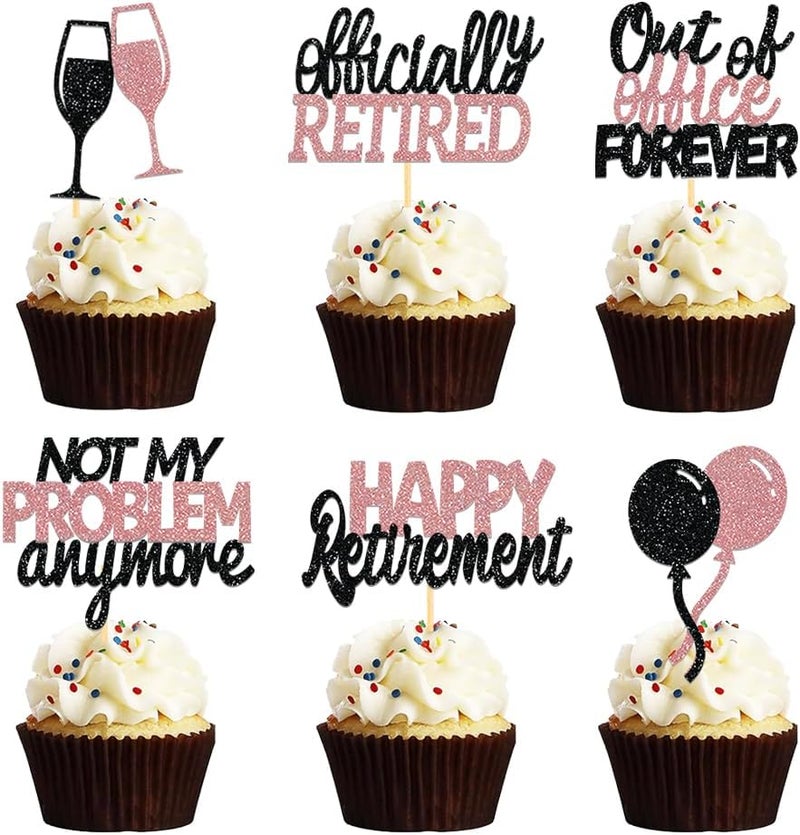 Moitkptt 24 Pcs Happy Retirement Cupcake Toppers Officially Retired Cupcake Picks, Out Of Office Forever Retirement Theme Cake Toppers Decorations for Farewell Party Cakes (Black&Rose Gold) - Image 1