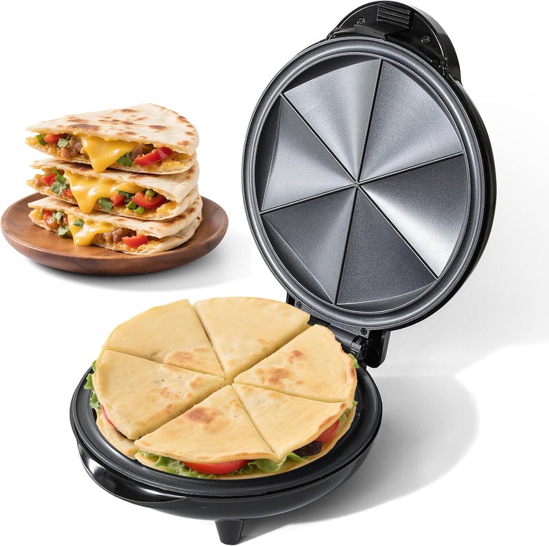 UVFAST Electric Quesadilla Maker Taco Tuesday, 9.5'' Quesadilla Press Non-Stick, Easy-Slice 6-Wedge Tortilla Cooker, Grilled Cheese Corn Flour Tortilla Snacks, Black - Image 1