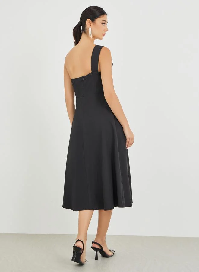 Styli Plain One Shoulder A-Line Midi Dress with Bow Detail