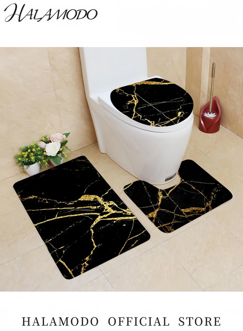 3-Piece Marble Bathroom Rug Set Non Slip Bath Mat U Shaped Contour Toilet Mat & Lid Cover Soft Absorbent Microfiber Shower Rugs Anti Skid Bathroom Carpet Set for Home Decor - Image 2