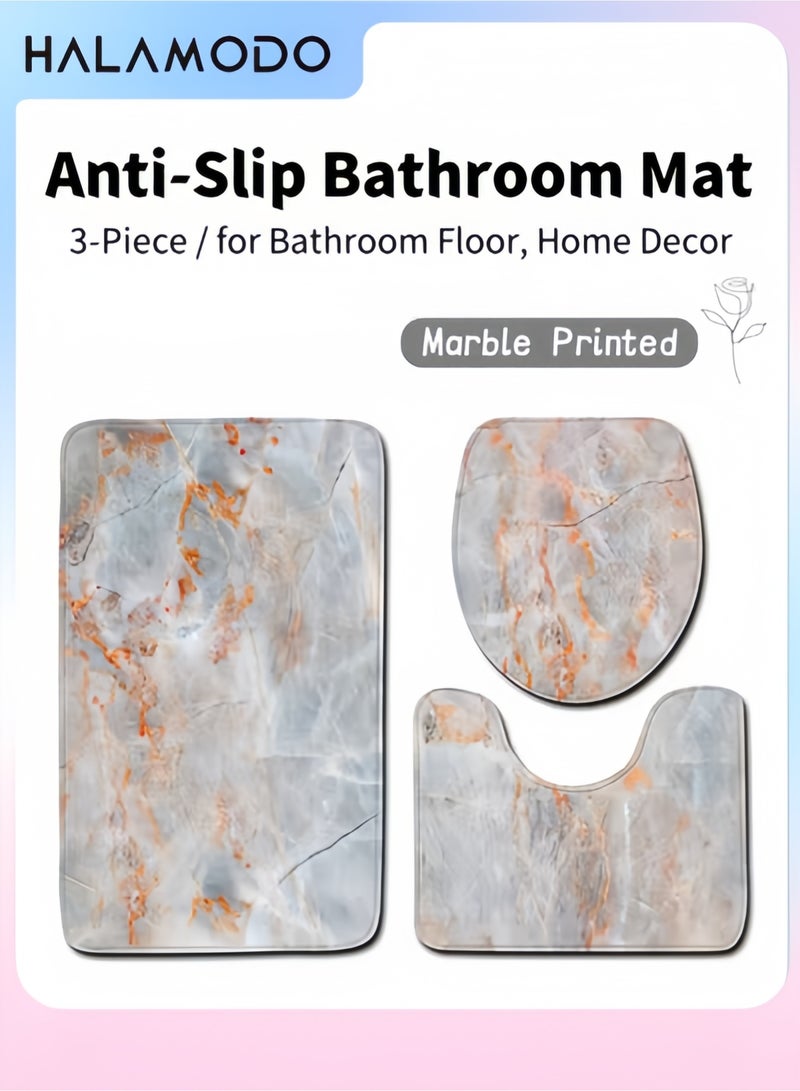 3-Piece Marble Bathroom Rug Set Non Slip Bath Mat U Shaped Contour Toilet Mat & Lid Cover Soft Absorbent Microfiber Shower Rugs Anti Skid Bathroom Carpet Set for Home Decor - Image 1