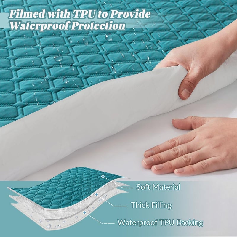 Highdi Waterproof Double Mattress Protector, 160 x 200 cm, Blue Fitted Sheet in Cotton and Microfibre Protection, Mattress Protector, Breathable, All Around Elastic - Image 3