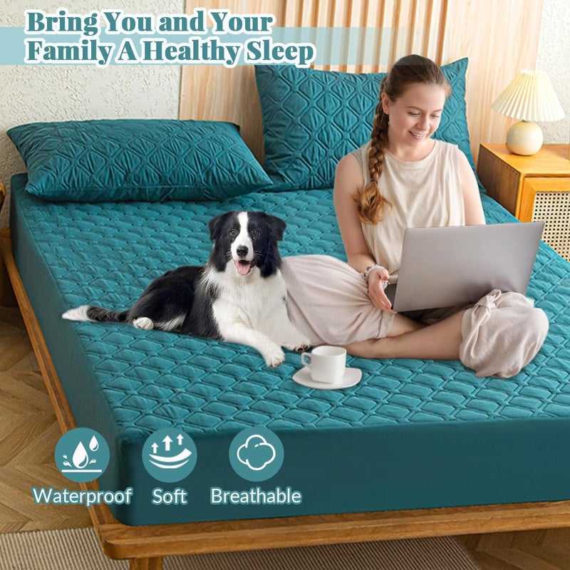Highdi Waterproof Double Mattress Protector, 160 x 200 cm, Blue Fitted Sheet in Cotton and Microfibre Protection, Mattress Protector, Breathable, All Around Elastic - Image 2