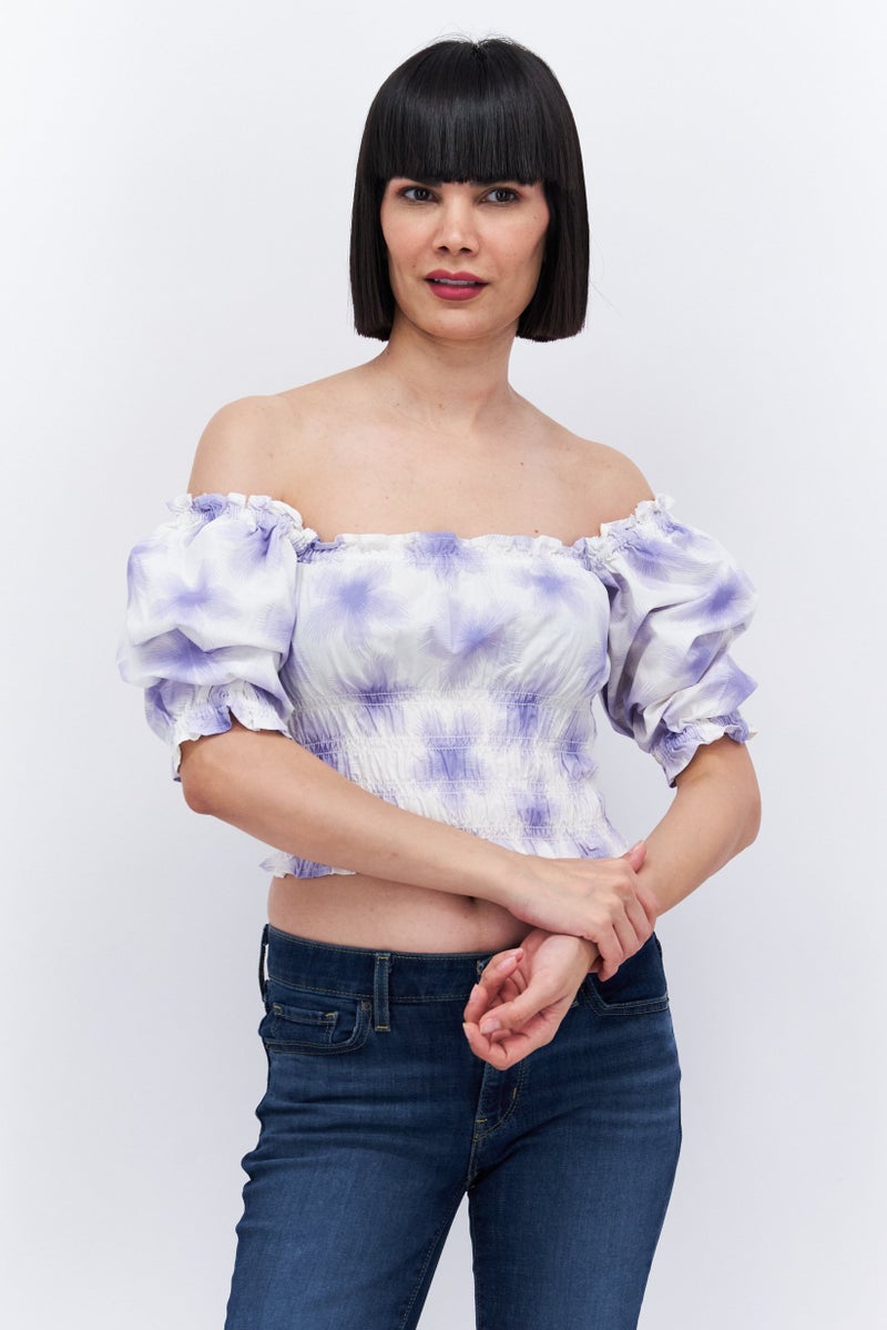 Levi's Women Off Shoulder Short Sleeve Allover Print Top, White - Image 1